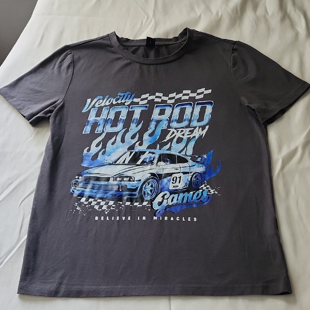 Shein Gray Hot Rod Graphic T-Shirt